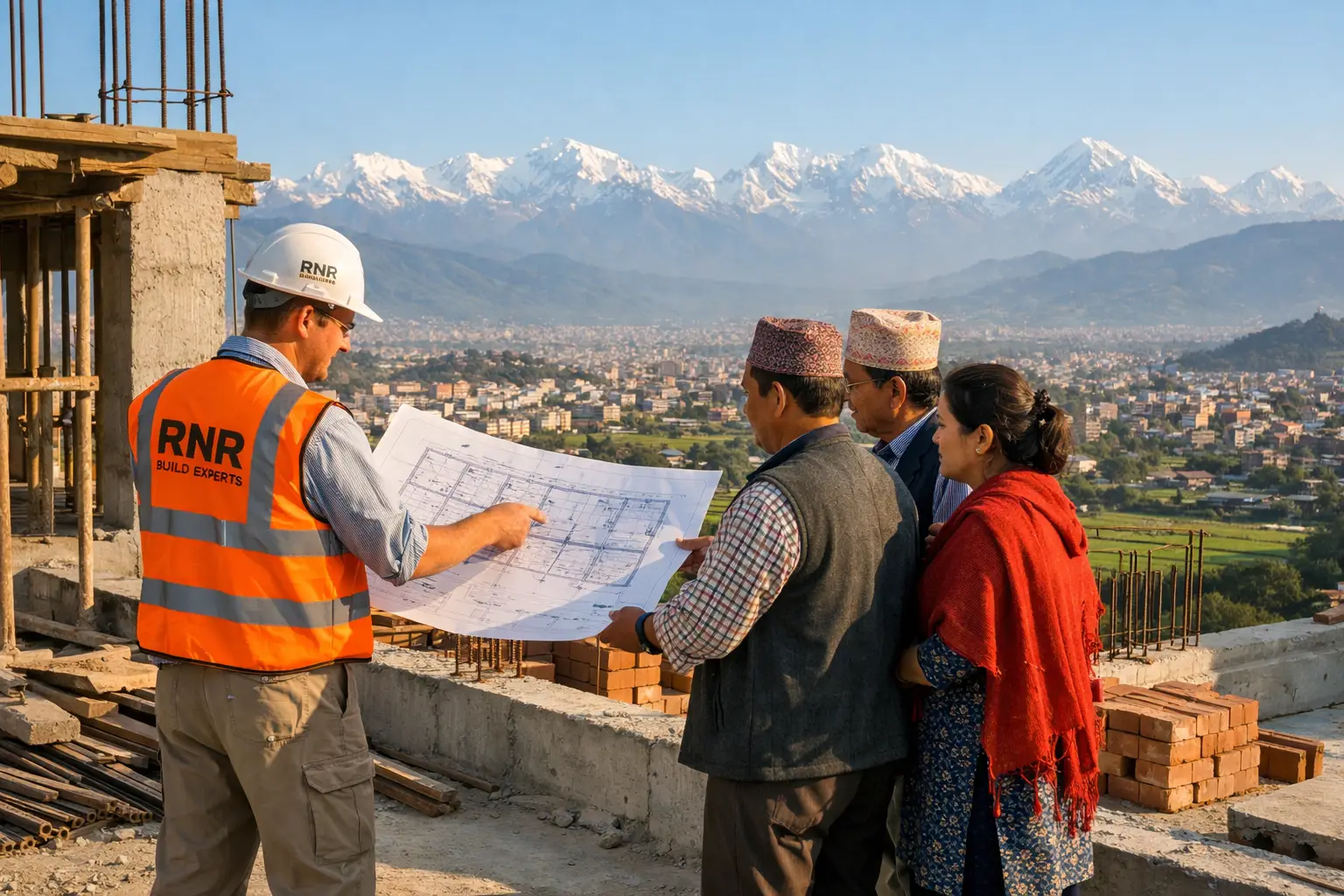 RNR Build Experts consultant explaining blueprints to clients in Nepal with the Himalayas in the background